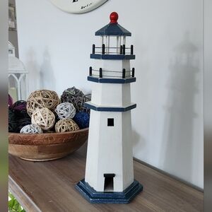 ⚓ Heritage Mint Wooden Nautical Lighthouse Décor – White & Blue, 15” Tall